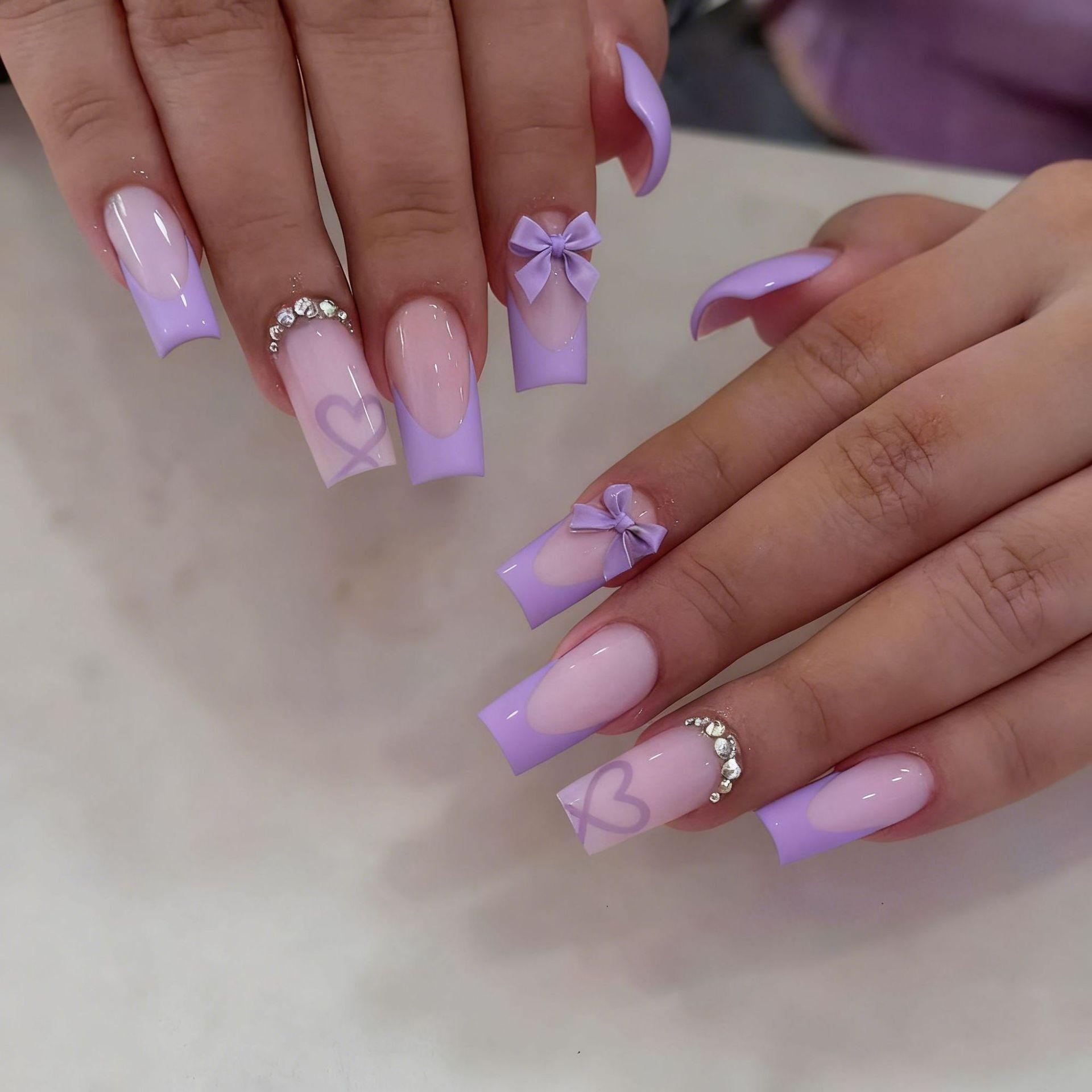 

Европа и США новый День святого Валентина 24 шт. нейл-арт, сладкий фиолетовый цвет таро, французский бант, средняя и длинная носимая накладная ногтевая пластина Free jelly glue + rubbing strips