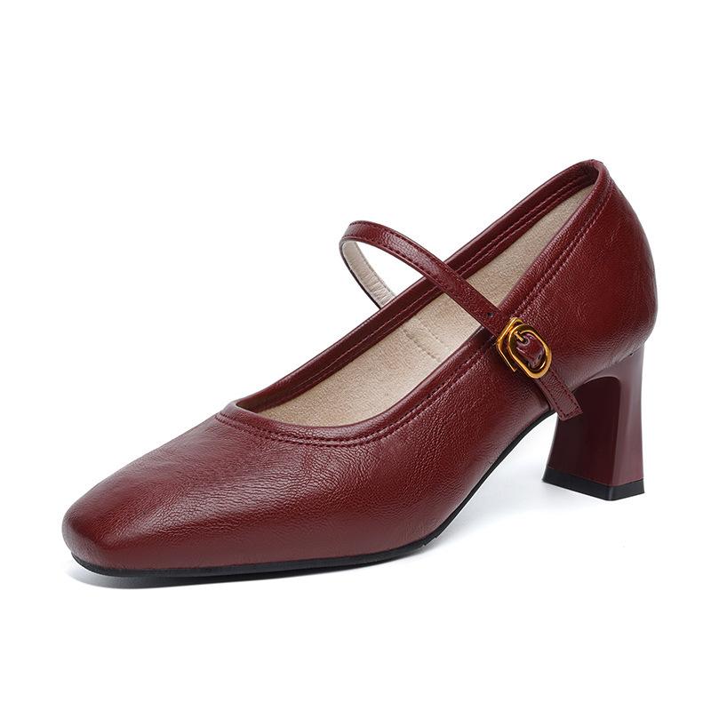 Women High Heels New French Style Retro Buckle Strap Comfortable Soft Square Toe Pumps Daily Simple Versatile Chunky Heel Shoes