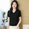 SNOWFLYING Women's V-neck Jacquard Knit Short Sleeve T-shirt