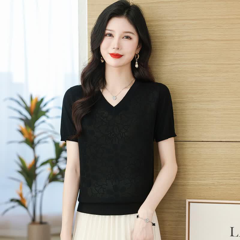 SNOWFLYING Women's V-neck Jacquard Knit Short Sleeve T-shirt