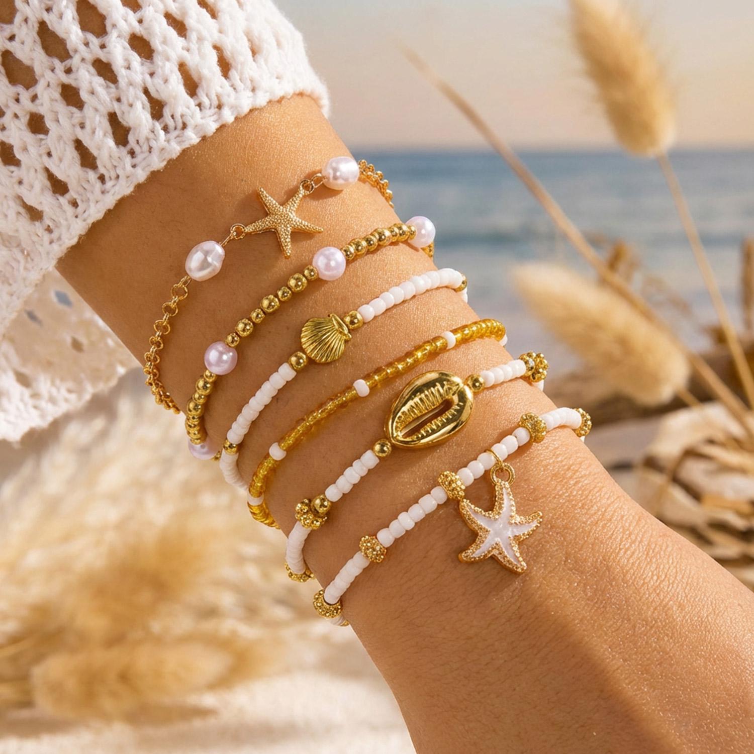 

7Pcs/Set Bohemia Starfish Shell Beaded Bracelets for Women Summer Ocean Blue Beads Strand Hand Chain Jewelry Beach Vacation Gift