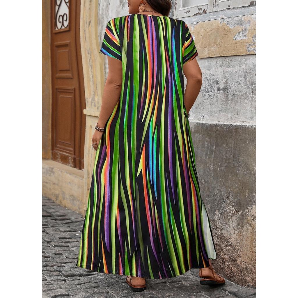 IHUASU Spring Summer Women's Fashion Print Under Slit Plus-size Women's Dress Women