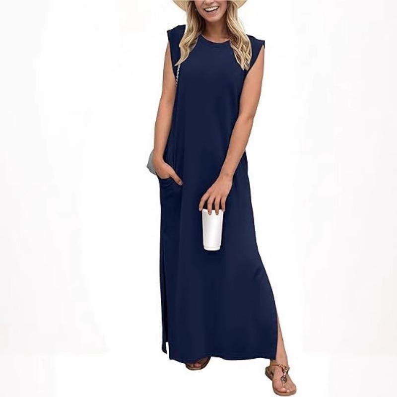 Women's Round-neck Loose Slit Sleeveless Long Pocket Dress