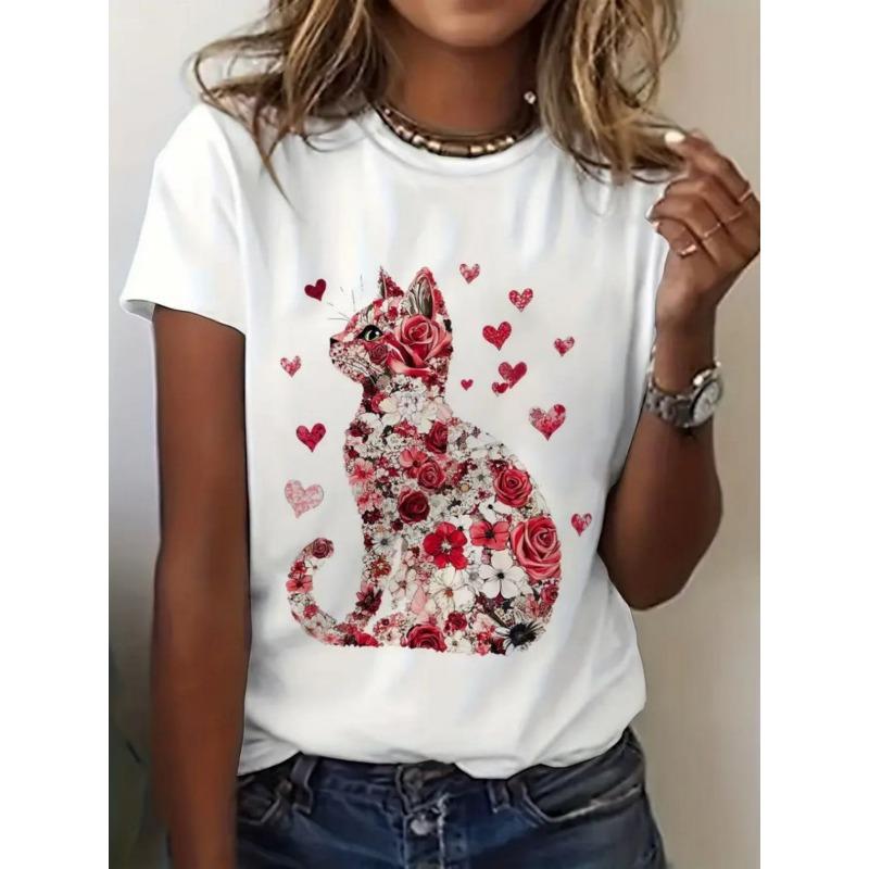 

European Size Unisex Short Sleeve T-Shirt - Hearts/Red Rose/Tabby Print, Round Neck, Soft Stretch, H-Line Fit, Machine Washable 4XL білий
