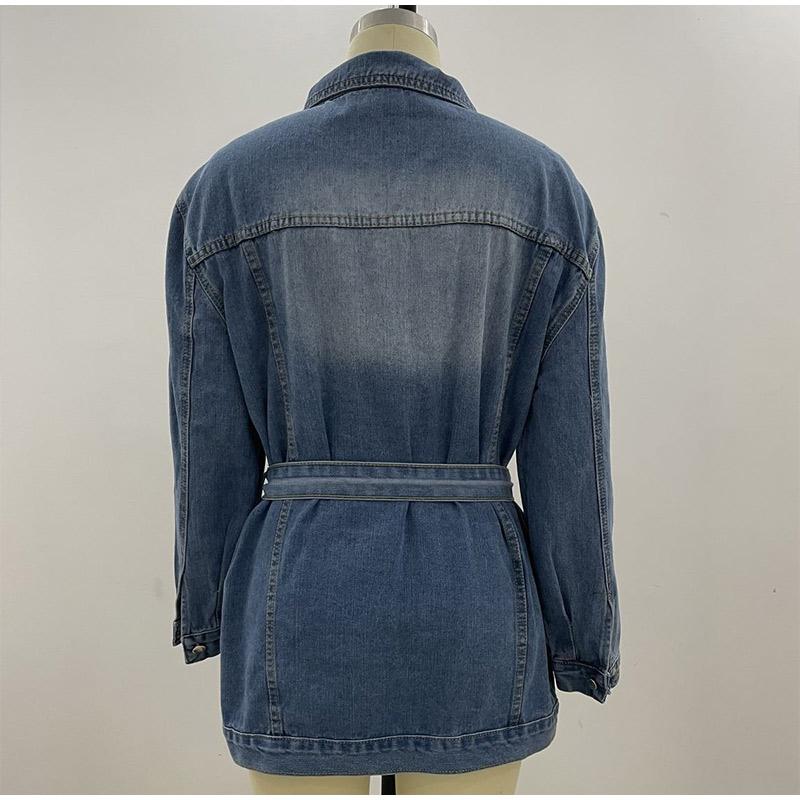 Elegant Lapel Denim Jacket with Belt Women Solid Color Long Sleeve Button Fake Pocket Loose Jacket 2025 Fashion Street Outwear