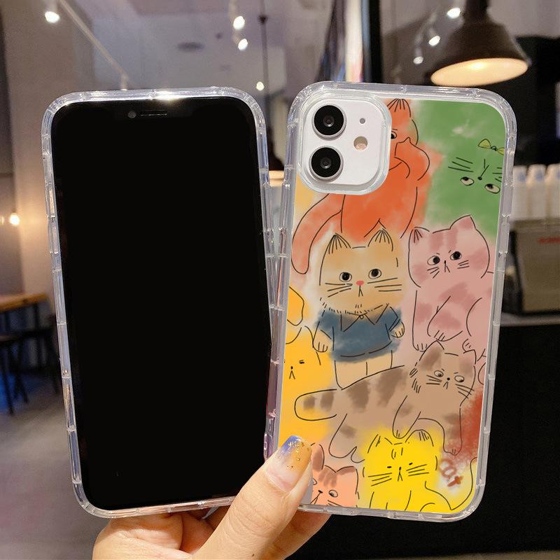 Graffiti cat illustration for iPhone 17 air cushion mobile phone case 16Pro transparent large hole 14/13 anti-drop 15