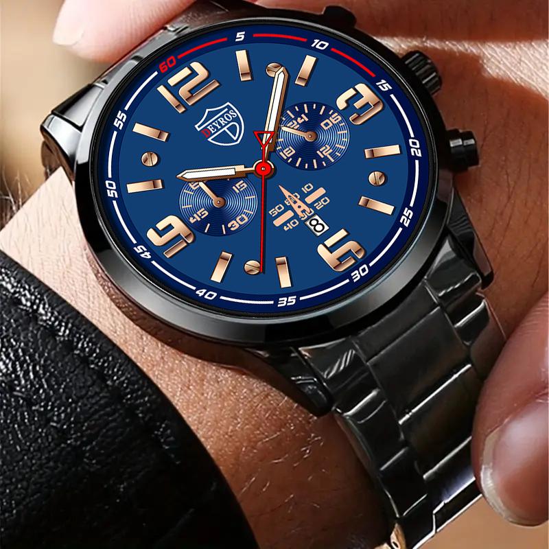 2pcs/set, 1pc Fashion Men's Business Quartz Wrist Watch with Stainless Steel Strap & 1pc Bracelet, Men's Gifts