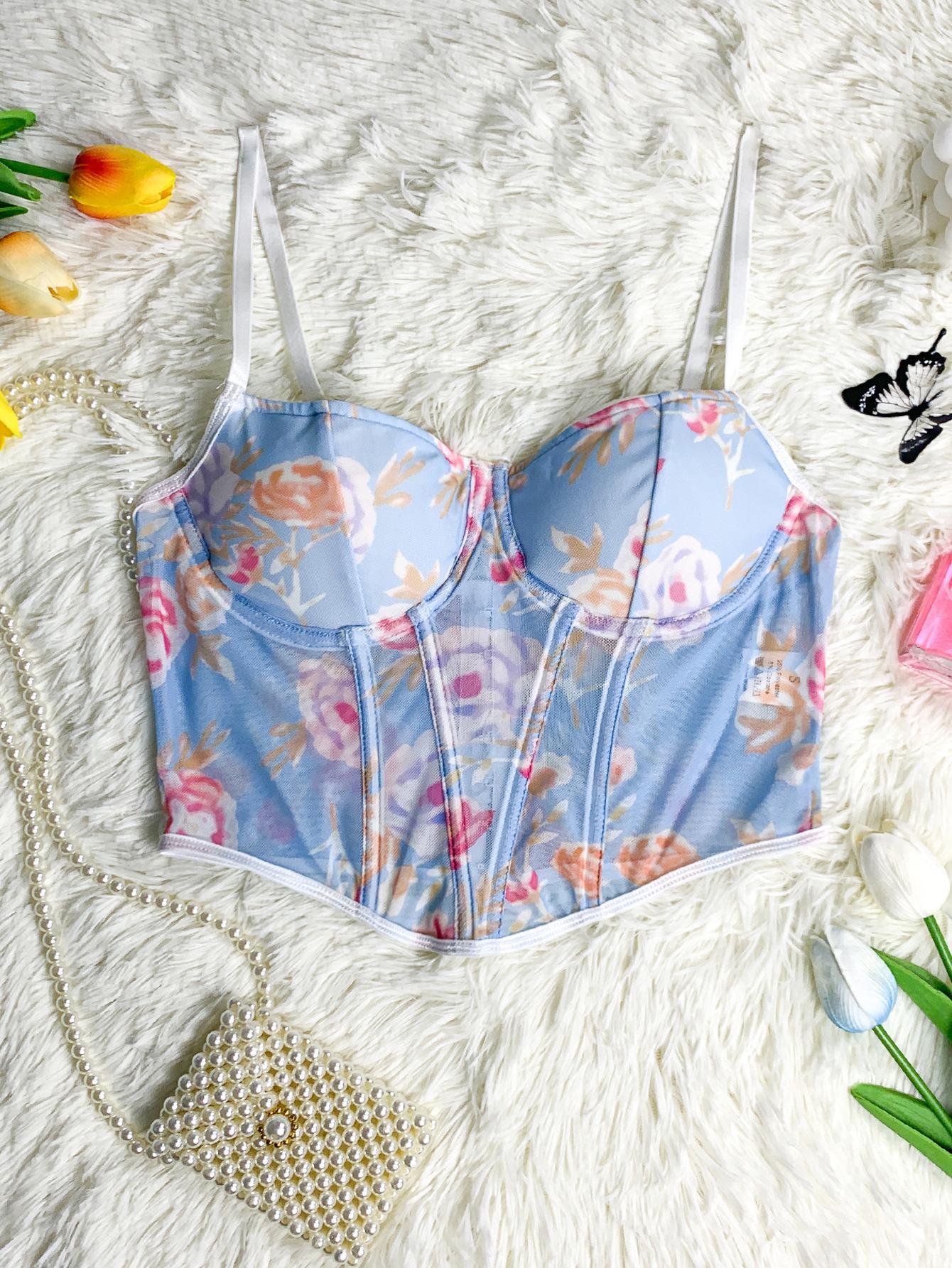 

Women s perspective mesh printing fish bone slim and thin sexy steel ring gathering sling small vest women L