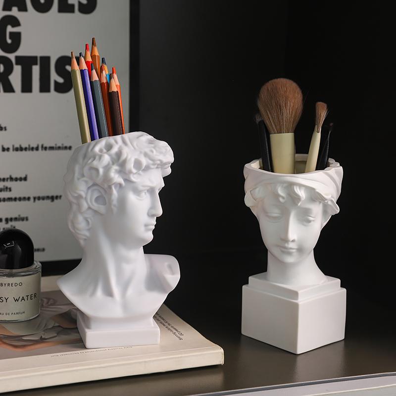 2Pc: Art Flower Pot Multi Functional Makeup Brush Storage Pen Holder David Statue Resin Vase Desktop Storage Home Decoration
