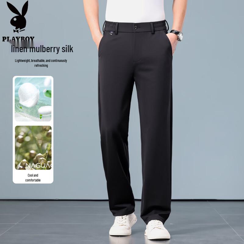 PLAYBOY Men s Silk-Linen Blend Casual Straight Pants M