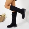 Fashion Fashion Metal Buckle Decoration Knee Boots Women Autumn Sexy Solid Black Slip on Boots Lace Up Bowknot Medium Heel Booties