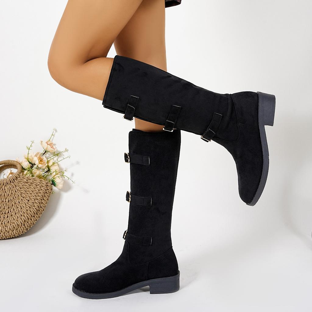 Fashion Fashion Metal Buckle Decoration Knee Boots Women Autumn Sexy Solid Black Slip on Boots Lace Up Bowknot Medium Heel Booties