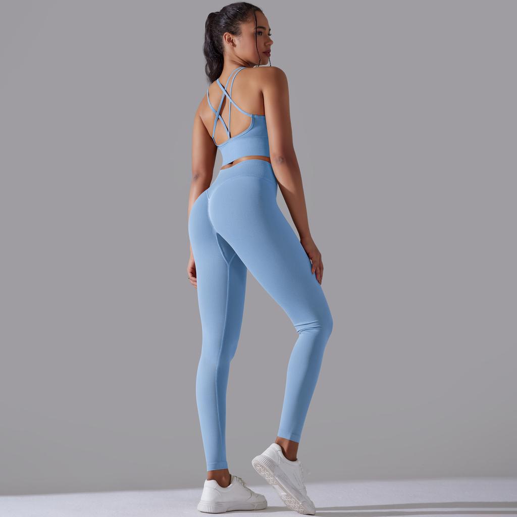 European and American seamless knitted solid color beautiful back high elastic tight yoga suit set running fitness suit two-piece set women