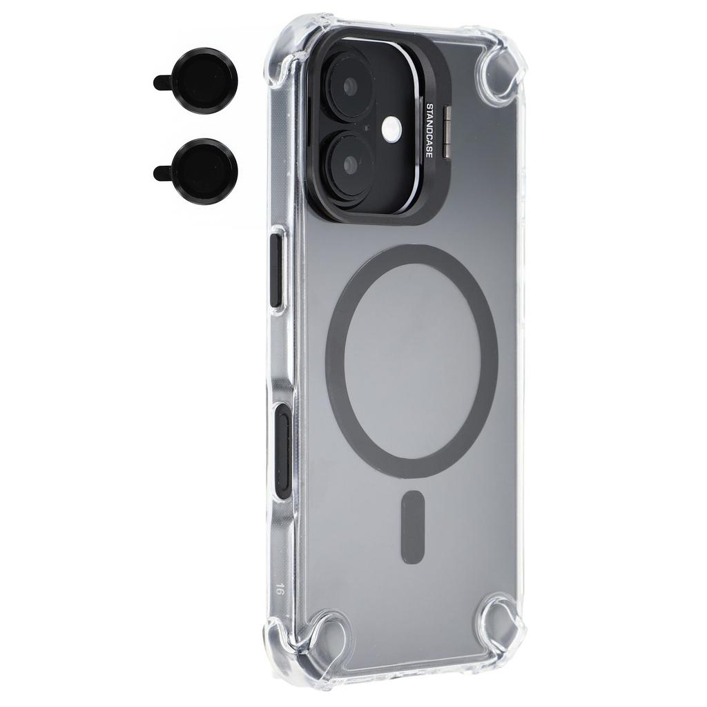 For iPhone 16 Magnetic Clear Case Shockproof Hybrid Phone Shell with Camera Lens Frame Kickstand