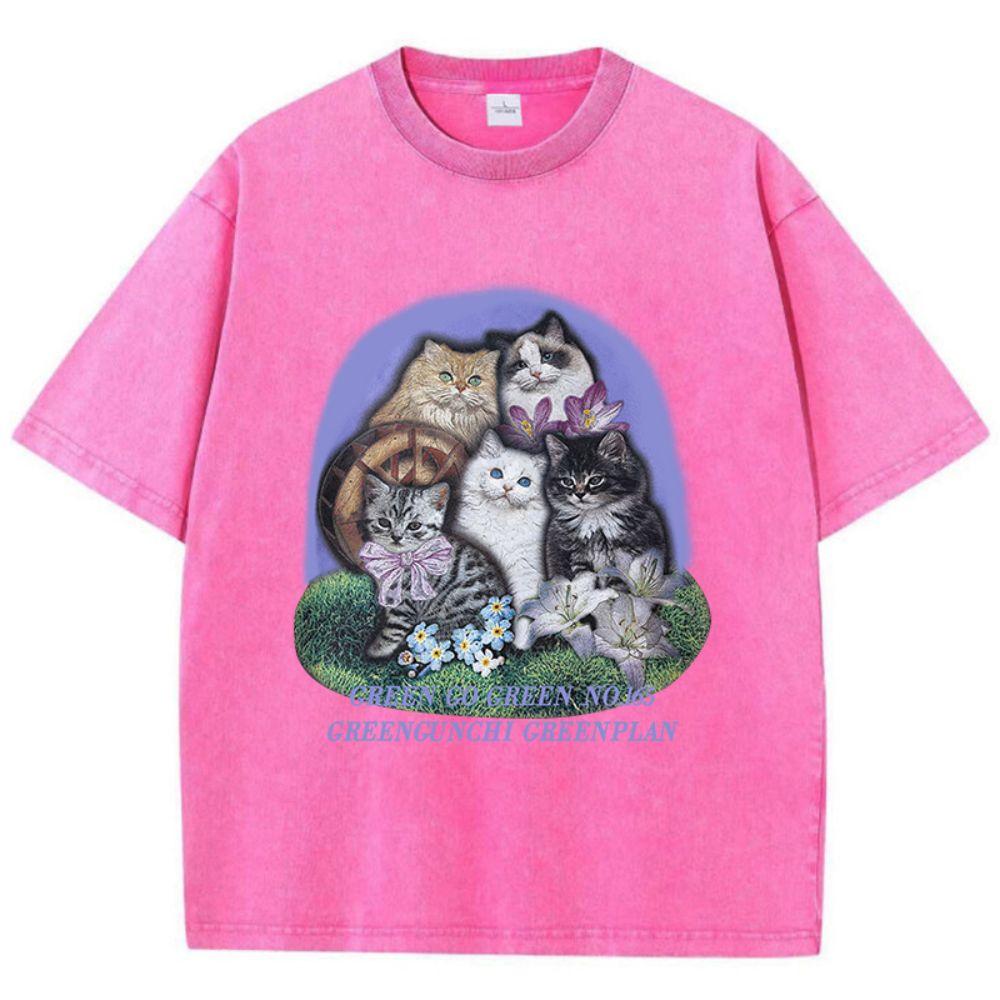 Womans Cotton Washed T-Shirts Five Different Breeds Of Cats Prints Short Sleeve O-Neck Soft Distressed Female Clothes
