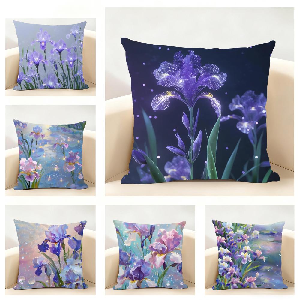 Elegant Natural Beautiful Flowers Iris Cushion Cover Linen Pillowcase Soft for Sofa Bed Home Room Decor