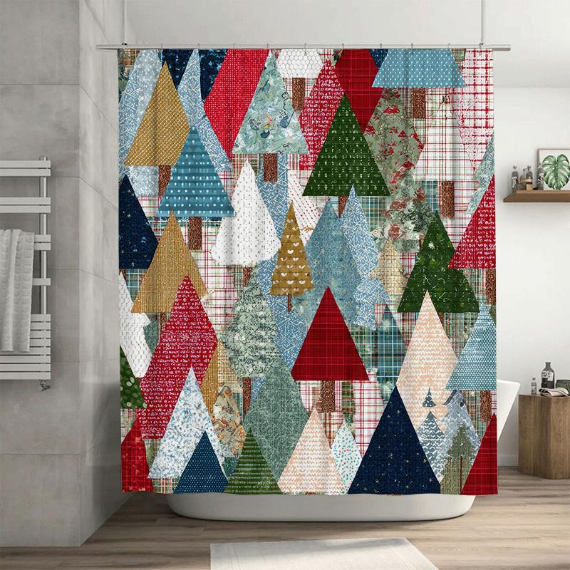 

Abstract Christmas Tree Shower Curtain, Colorful Triangle Patchwork In Red Green Gold, Modern Geometric Holiday Bathroom Decor W60H190(CM)-1 Pcs