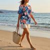 Damen Freizeit Hemd mit Print, Henley-Knopfleiste, kurzen Ärmeln, Baumwoll-Leinen-Mischung und Brusttasche für den Sommerlichen Alltagsgebrauch