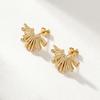 QIAOREN 12265 Waterproof Tarnish Free Sunburst Arch Earrings Gold Stainless Steel Dotted CZ Ribbed Fringe Studs Jewelry EU US