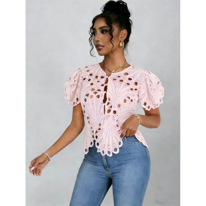 QICED Women's Fashion Casual Solid Color Print Short Sleeve V Neck Blouses & Shirts