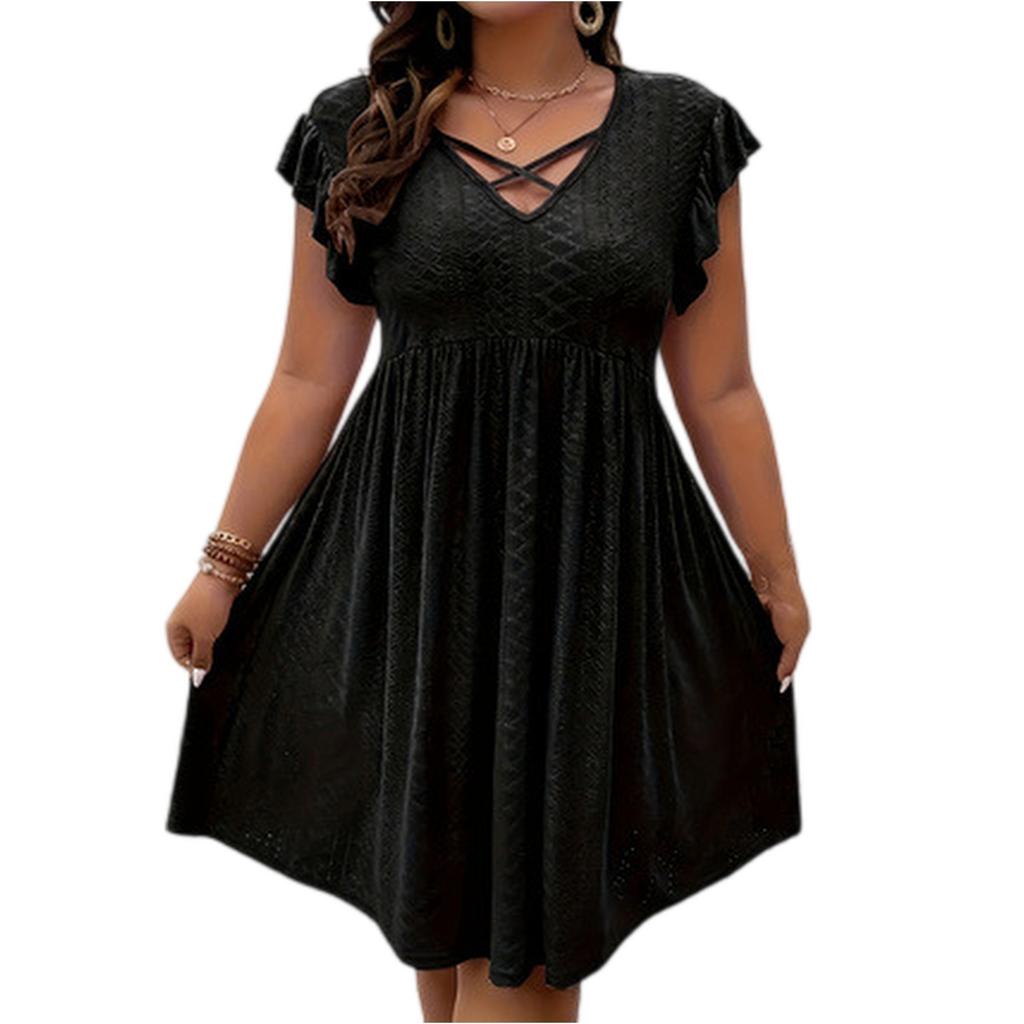 Women’s Short Sleeve V Neck Mini Dress with Ruffle Sleeves and Crisscross Front Casual Loose Fit