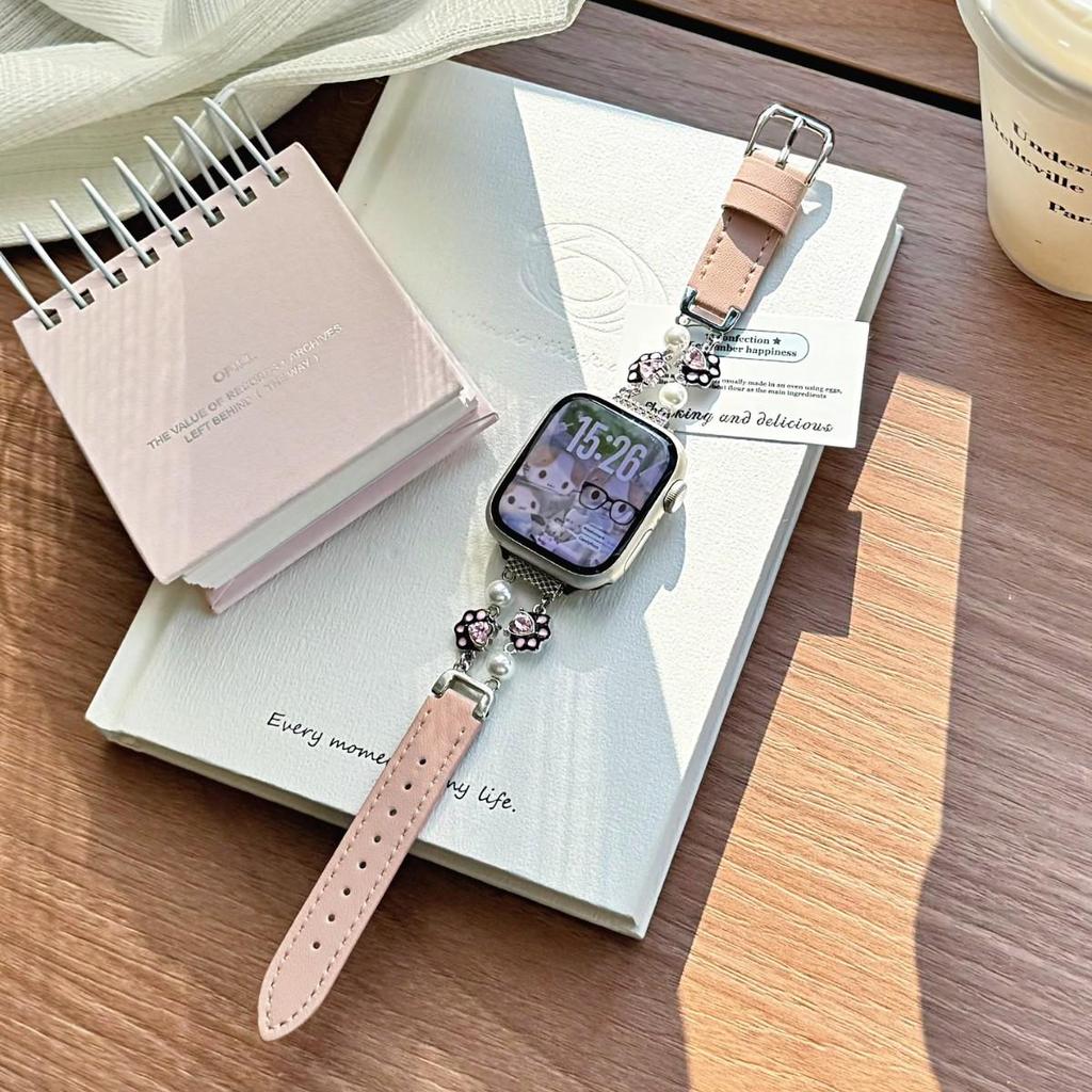 Cat Paw Pearl Leather Strap for Apple Watch Series 11, Xiaomi Band 8/9/10, Huawei Fit.