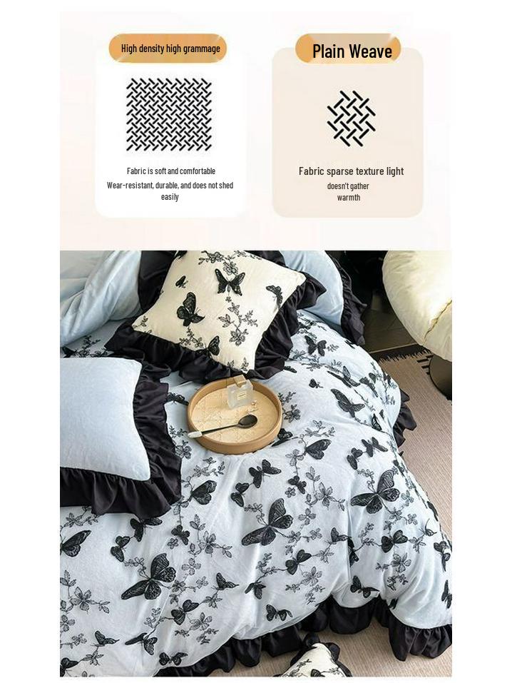 G5ZG5Z Korean Winter Velvet 4-Piece Set: Princess Style with Double-Sided Fleece and Lace Edging Quilt Cover.