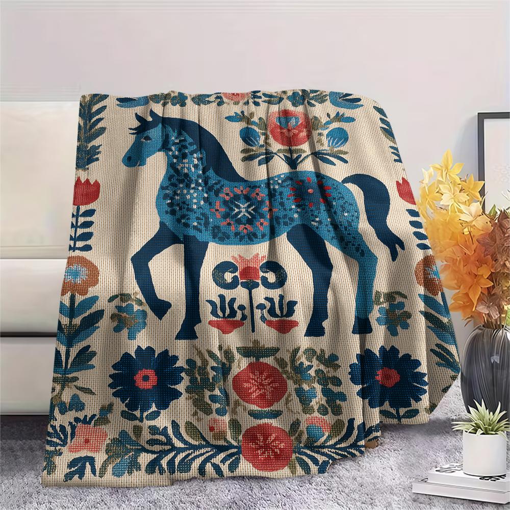 Blumenpferd-Print Flanelldecke, Hohe Qualität, Bequem für alle Jahreszeiten, Heimdekoration, Wärme und Komfort, Perfekt für Weihnachtsgeschenke