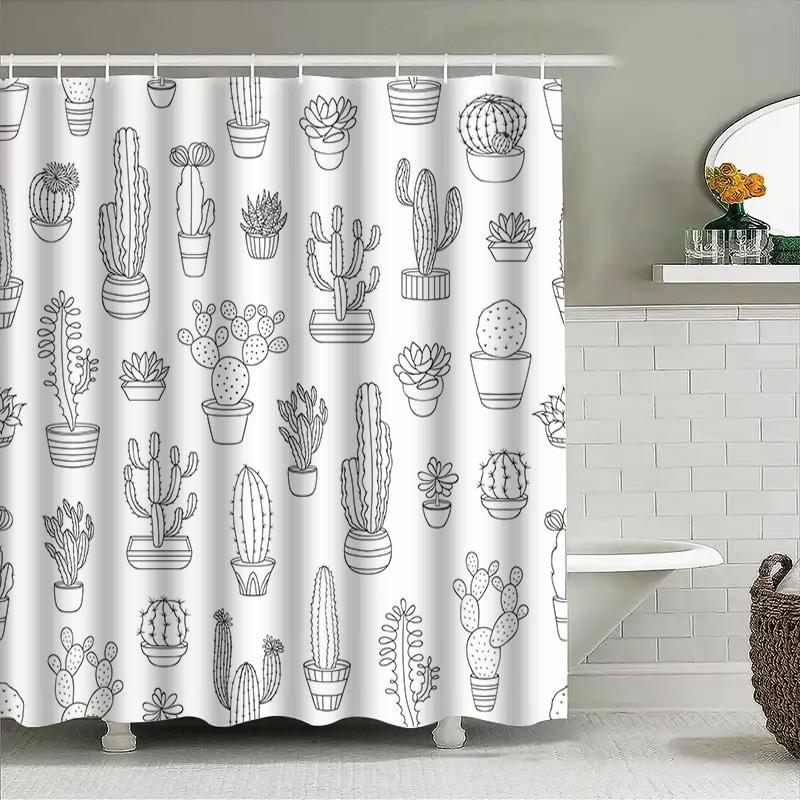 Minimalist Line Drawing Cactus Shower Curtain Modern Bathroom Decor For Home Kitchen Bathtub Waterproof Printing Fabric Customiz