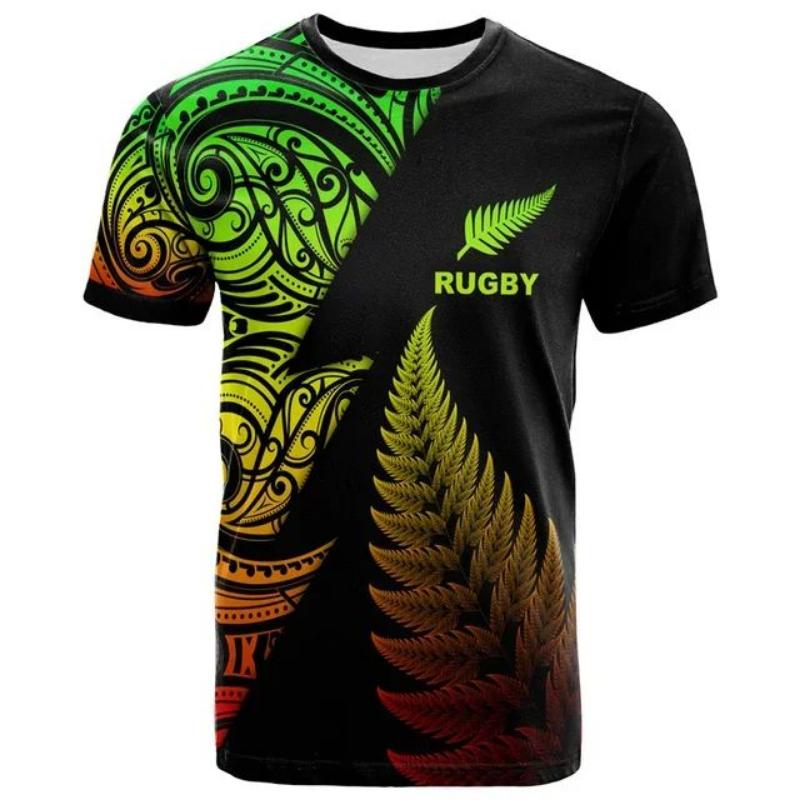 New Zealand Men's 3D Printed Rugby T-shirt, Hawaii Summit, Summer Casual Sports and Fitness Short Sleeved Loose Fitting Clothing