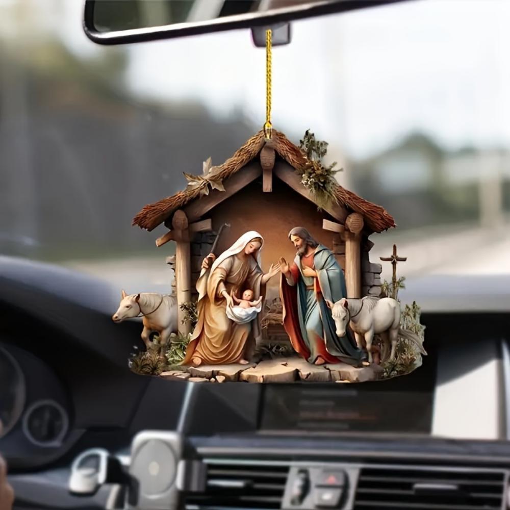 2D flache Acryl Krippe Dekoration ländliche Weihnachtshänge Dekoration Auto Rückspiegel Anhänger, Taschen- und Schlüsselanhänger Zubehör Geschenke