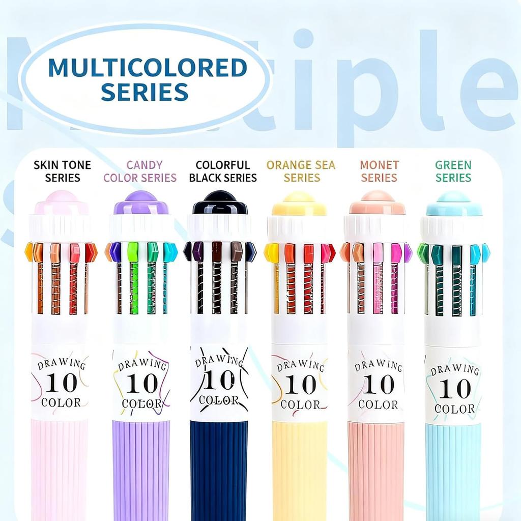 6 Pcs 10-in-1 Multicolor Ballpoint Pens 0.8mm, 57 Colors Drawing Multi Colored Pens, Smooth Writing Retractable Shuttle Pens for Doodling School