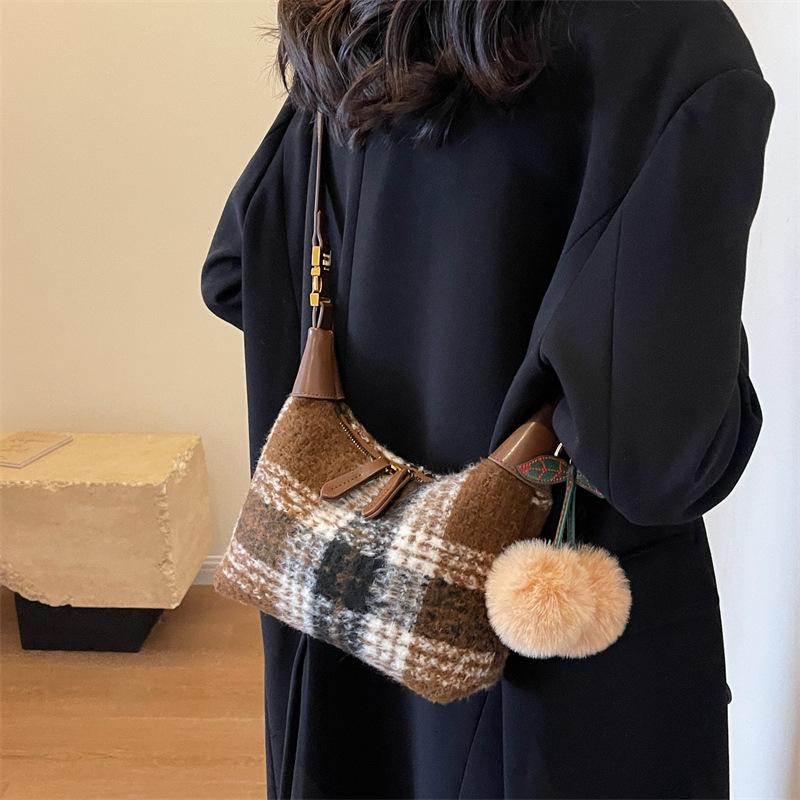 Modische Karotasche Damen 2025 neu wolliges Karomuster kontrastfarbig kleine quadratische Tasche hochwertig einzelne Schulter Umhängetasche