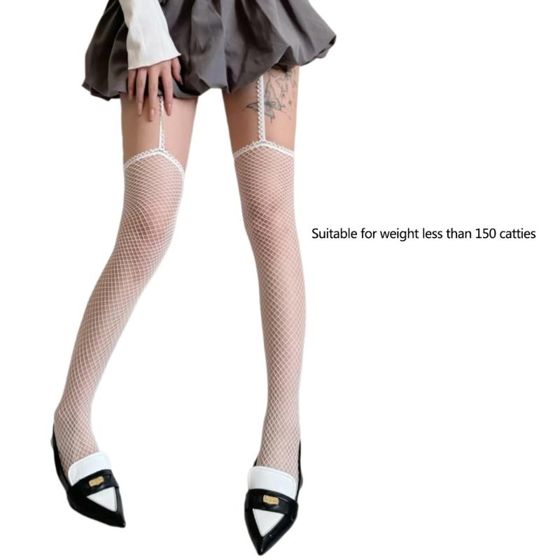 Fishnet Thigh High Garter Stockings Footed Tights for Women Girls Lace Garter Belt Tights Suspender Pantyhose Streetwear