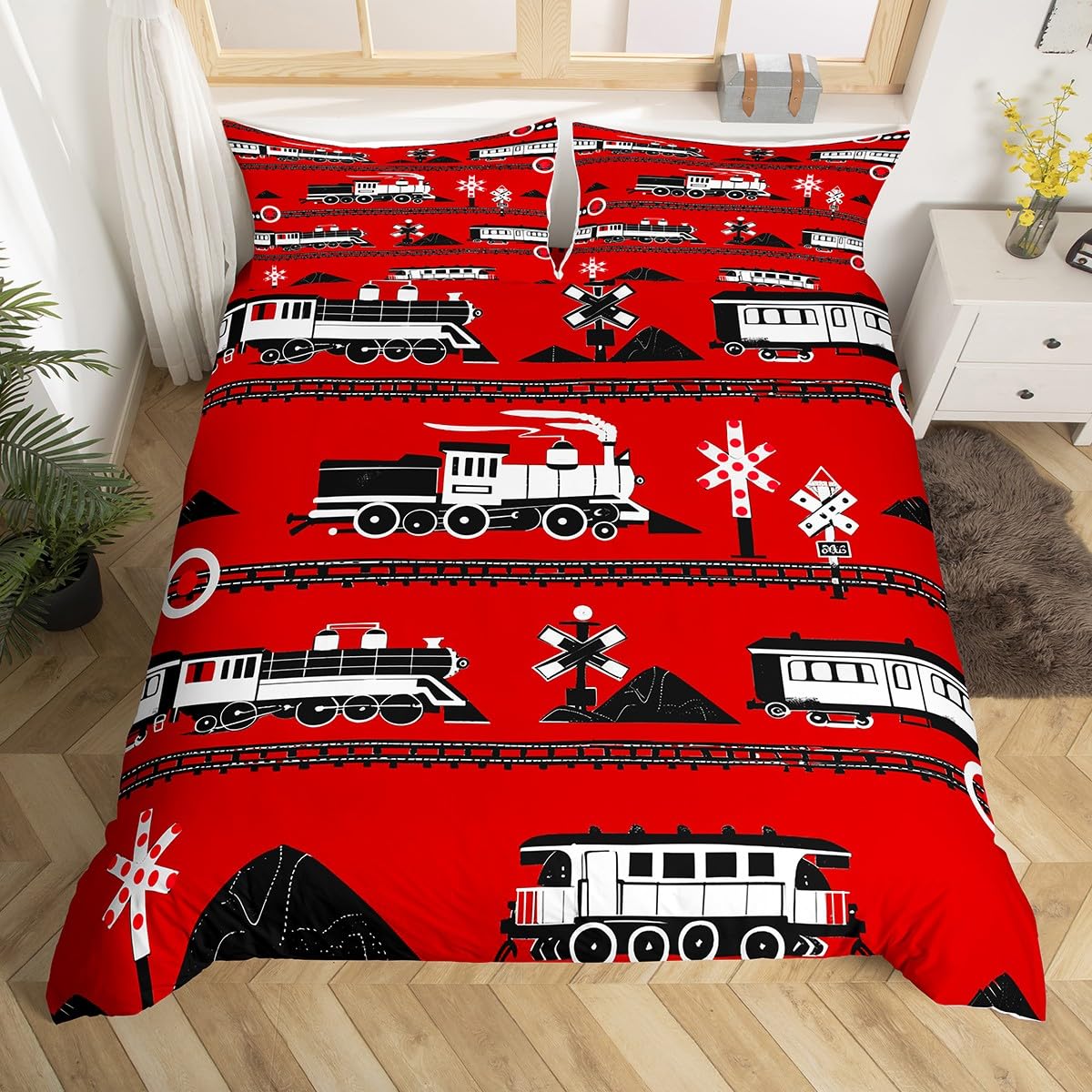 

Cartoon Train Bedding Set Full Queen King Vintage Steam Engine Comforter Cover, Travel Railway Track Transportation Duvet Cover AU Single(140x210cm)