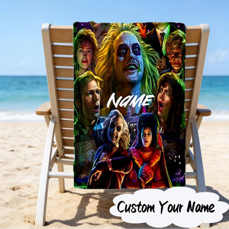 Custom Name Beetlejuice Horror Microfiber Beach Towel Super Soft & Absorbent for Bath, Beach, Travel Bath Time Accessory, Fan Gifts