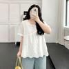 Plus Size Women Clothing [Elegant Artistic Shirt] Summer Retro Casual Jacquard Embroidered Hollow Round Neck Short Sleeve Shirts