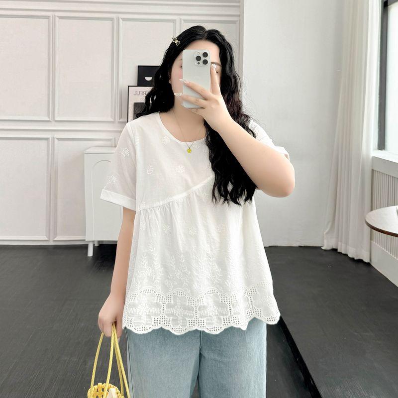 Plus Size Women Clothing [Elegant Artistic Shirt] Summer Retro Casual Jacquard Embroidered Hollow Round Neck Short Sleeve Shirts
