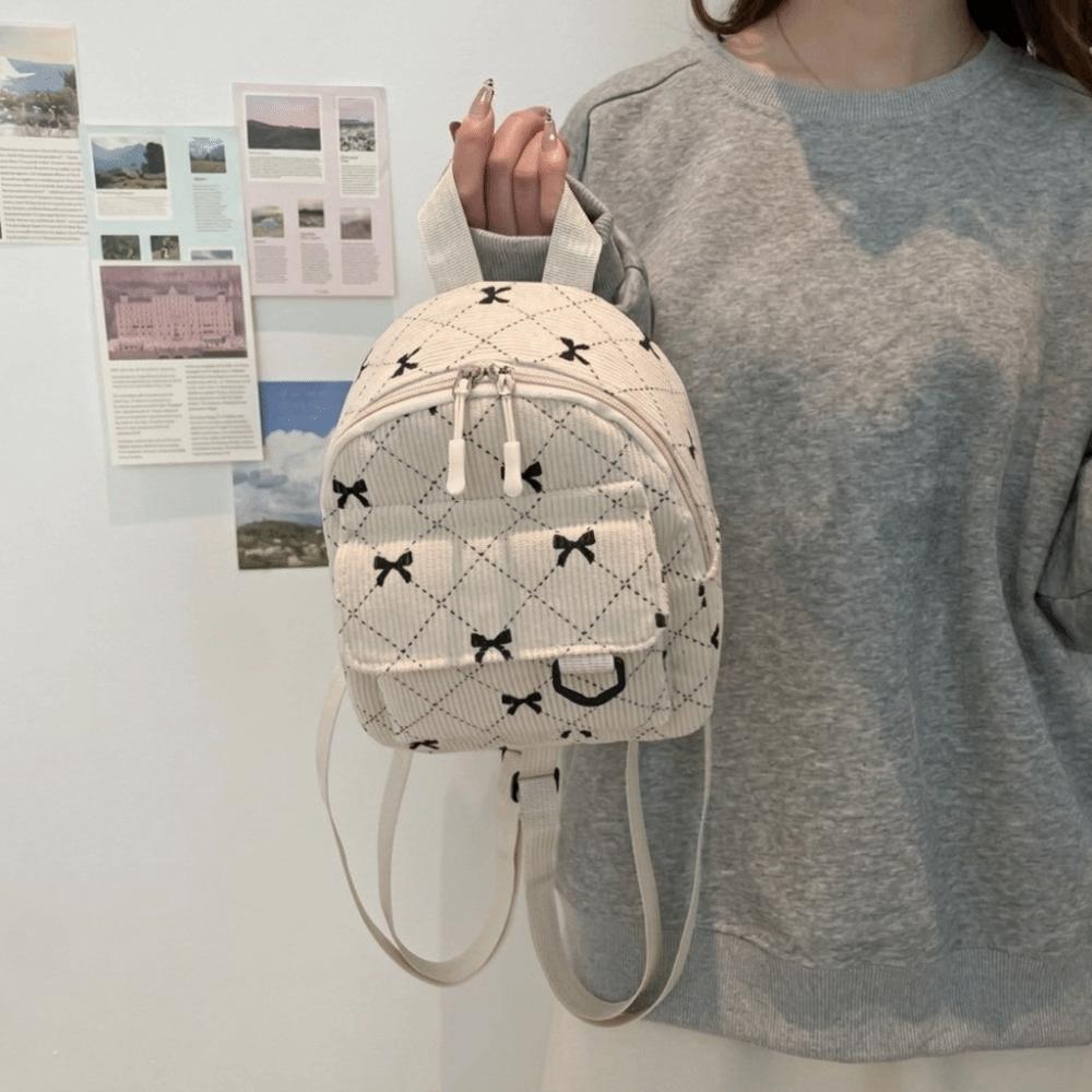 Corduroy Shoulder Bag Bowknot Printed Bow Rucksack Casual Mini Backpack  Teen Girls