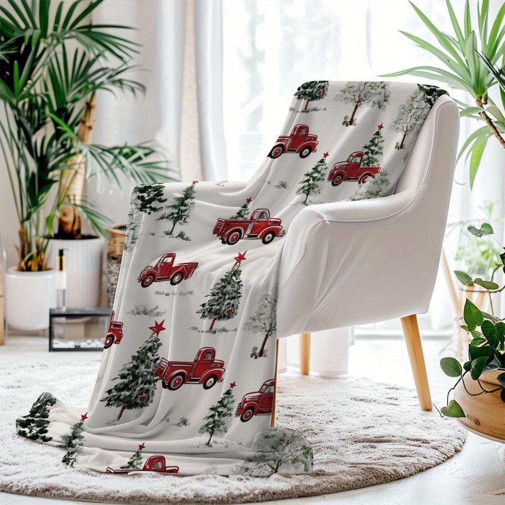 1Pcs Christmas Red Cars And Trees Printed Flannel Blanket Lightweight Soft Throw Soft All-Season Bedspread for Couch Camping Travel