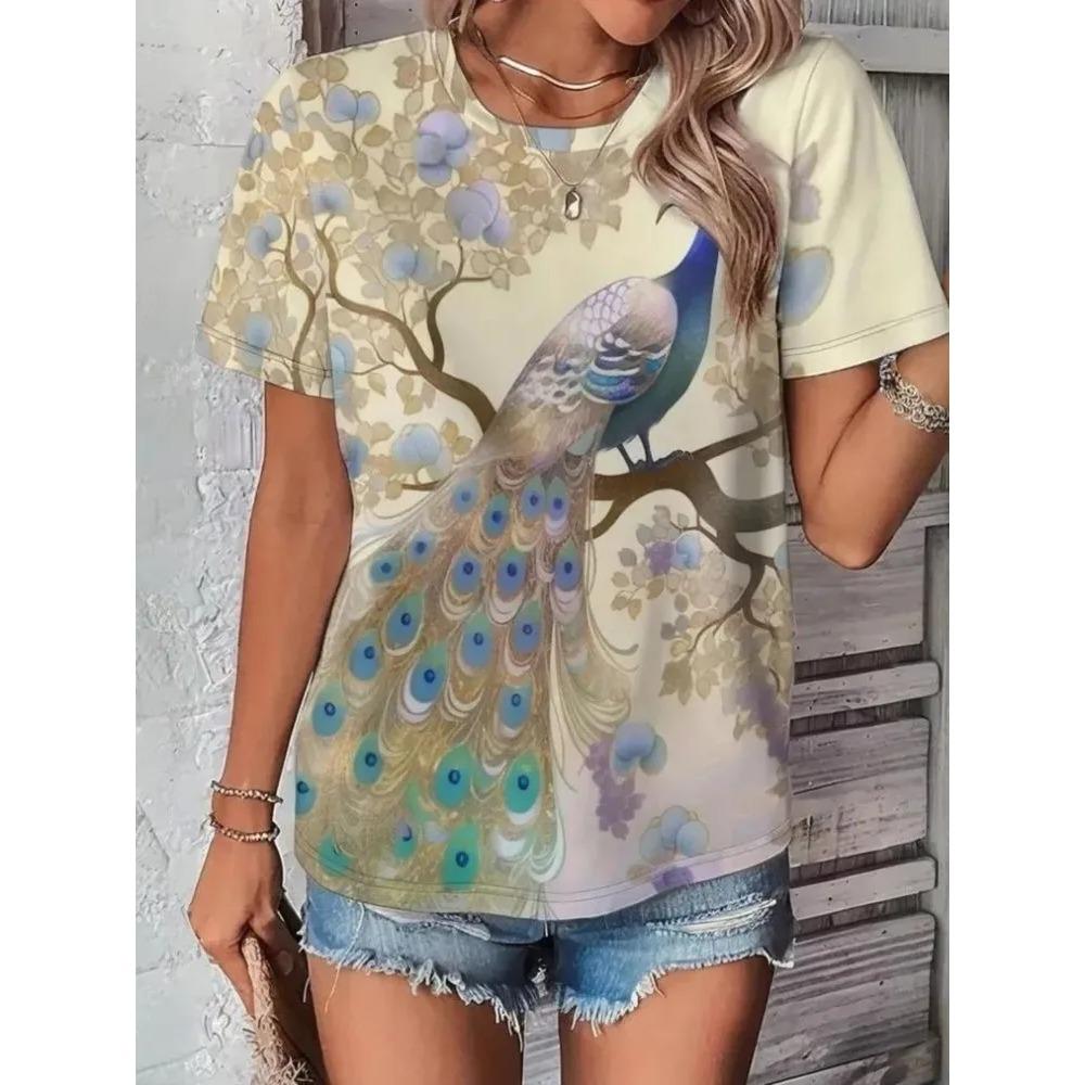 Dames T-shirt 3D Patroon Gedrukt Casual Korte Mouw Ronde Hals Top Modieuze Straat Dameskleding