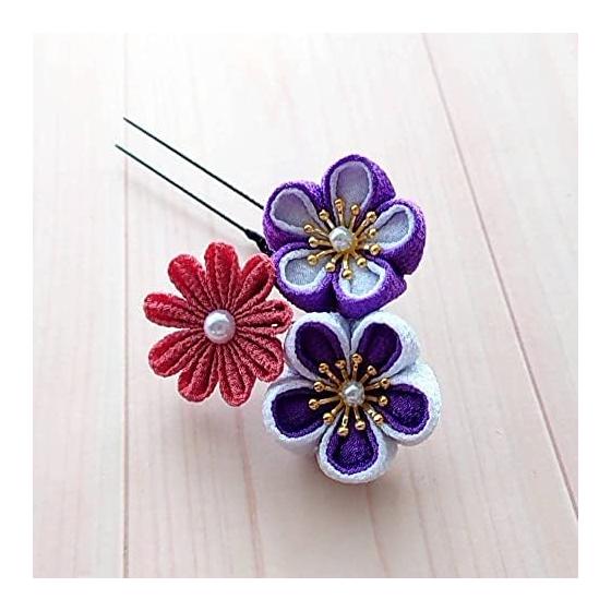 Lulu's Handmade Tsumami Zaiku Hair Accessory Set - Purple Round Chrysanthemum & Rose Chirimen Flowers with Dangling Ornaments, Comb & U-Pins - for