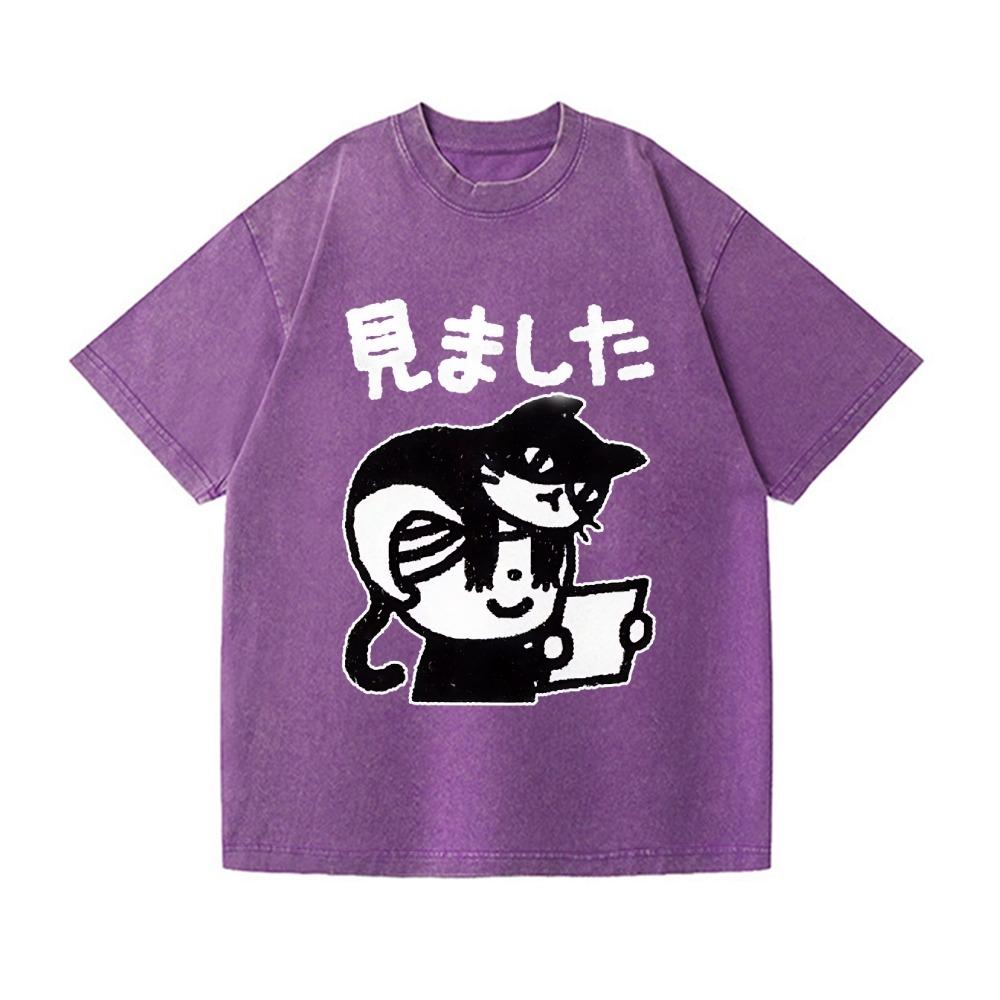 Harajuku Fashion Men's Washed T-shirts Vintage Cat Printing Japanese Design Tees Short Sleeve Round Neck Chic Hiphop Tops