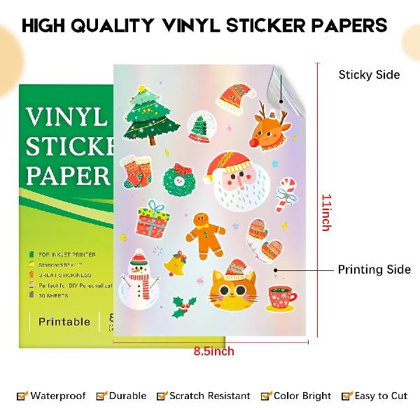 30 Sheets Premium Holographic Printable Vinyl Sticker Paper for Inkjet Printer, 8.5x11" Holographic Printer Paper Waterproof, Dries Quickly, Vivid