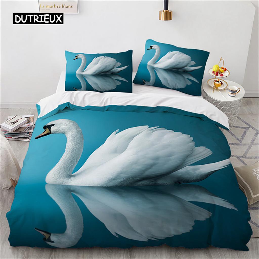 Romantische Schwan Bettbezug Mikrofaser Blume Bettwäsche Set Bettdeckenbezug Extra Groß Einzelbett für Liebhaber Schlafzimmer Romantische Dekoration