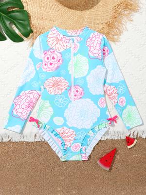 Kids Girls Swimsuit Long Sleeve  Printed Zippered Swimwear Bathing Suit  Bodysuit Beach Wear