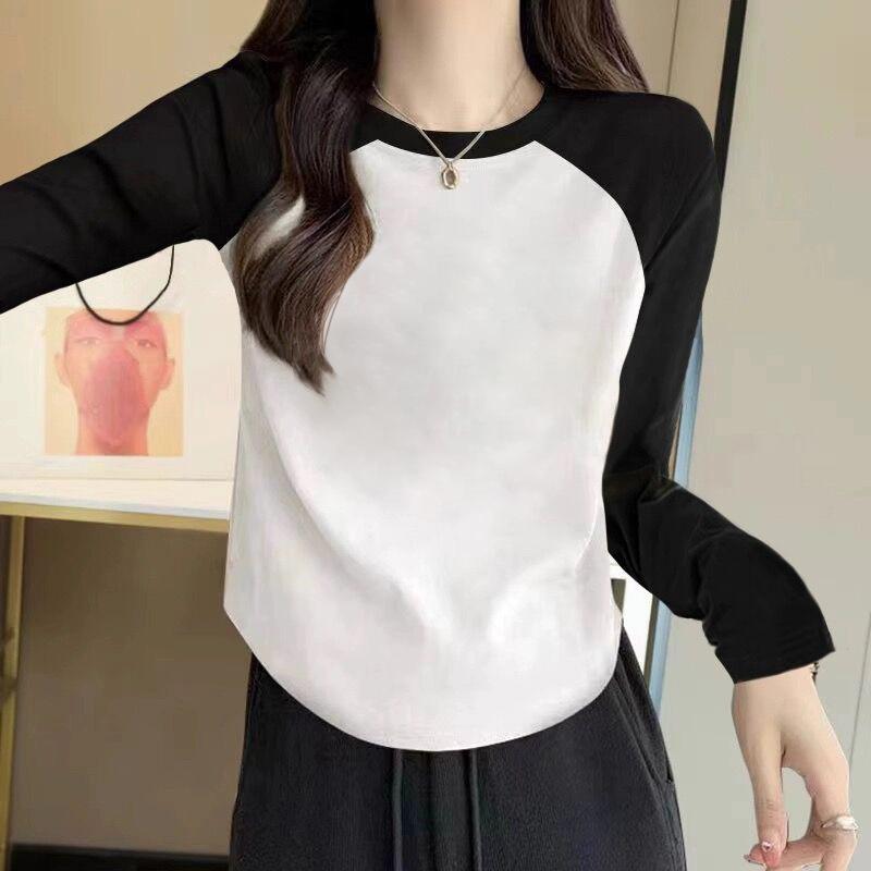 Women's Round Neck Raglan Long Sleeve T Shirt Slim Fit Color Block Patchwork Soft Fleece Pullover Basic Fall Layering Top
