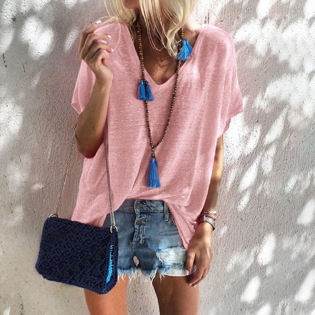 Summer Candy Color Plus Size Loose V-neck Short Sleeve T-shirt for Women Casual Light Streetwear Top