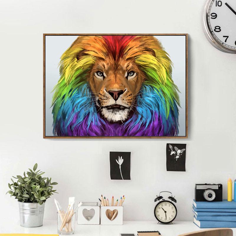 Diamentowy haft Diamentowy obraz zwierzęcia „Kolorowa tęcza Fantasy Król lew” ściegiem krzyżykowym