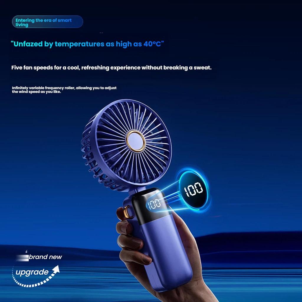Handheld Mini Fan Portable USB Fan Foldable Desktop Neck-Hanging Outdoor Large Capacity Small Fan with Smart Digital Display Deep Sea Blue